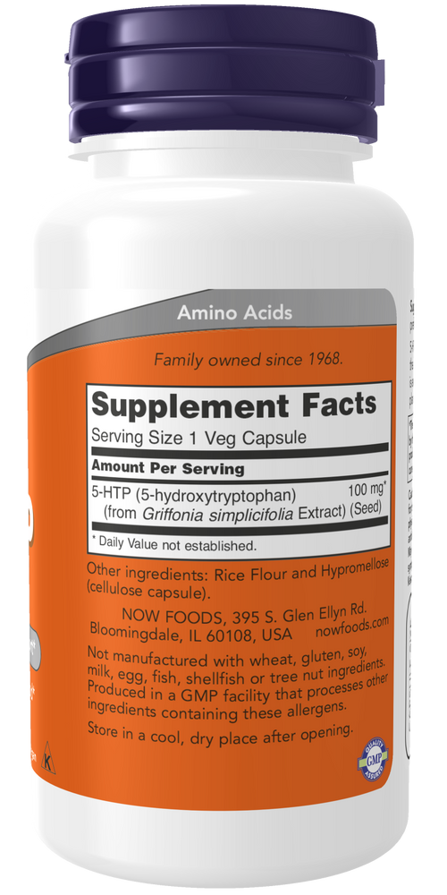 NOW Foods 5-HTP 100 mg label, right panel
