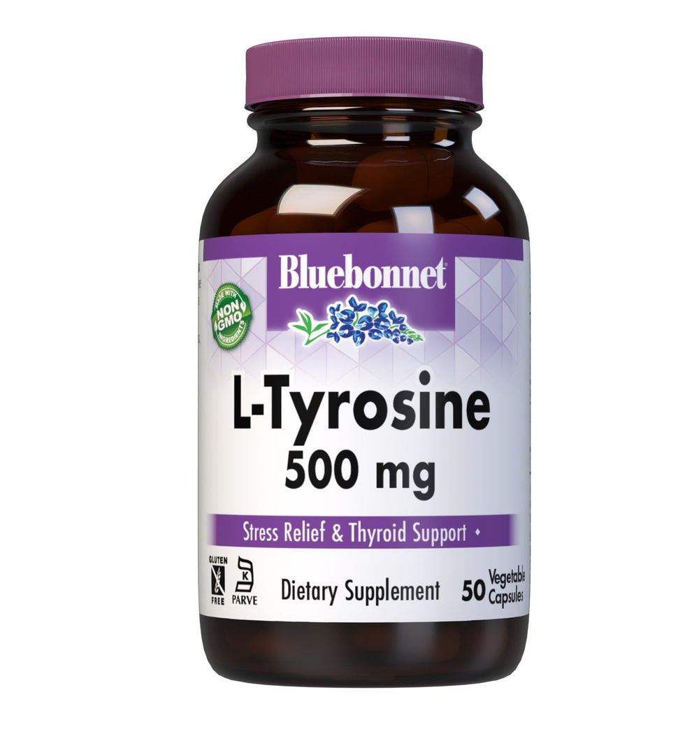 Bluebonnet L-Tyrosine 500 mg, 50 vegetable capsules, front of bottle