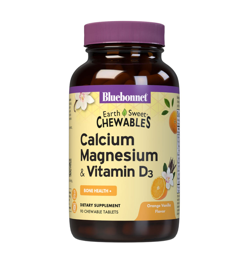 Bluebonnet Earthsweet Chewables Calcium Magnesium plus Vitamin D3 Orange, front of bottle