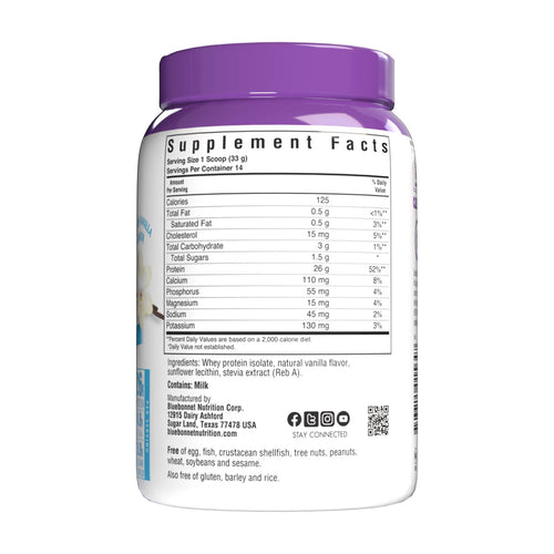 Bluebonnet 100% Natural Whey Protein Isolate French Vanilla, supplement facts panel