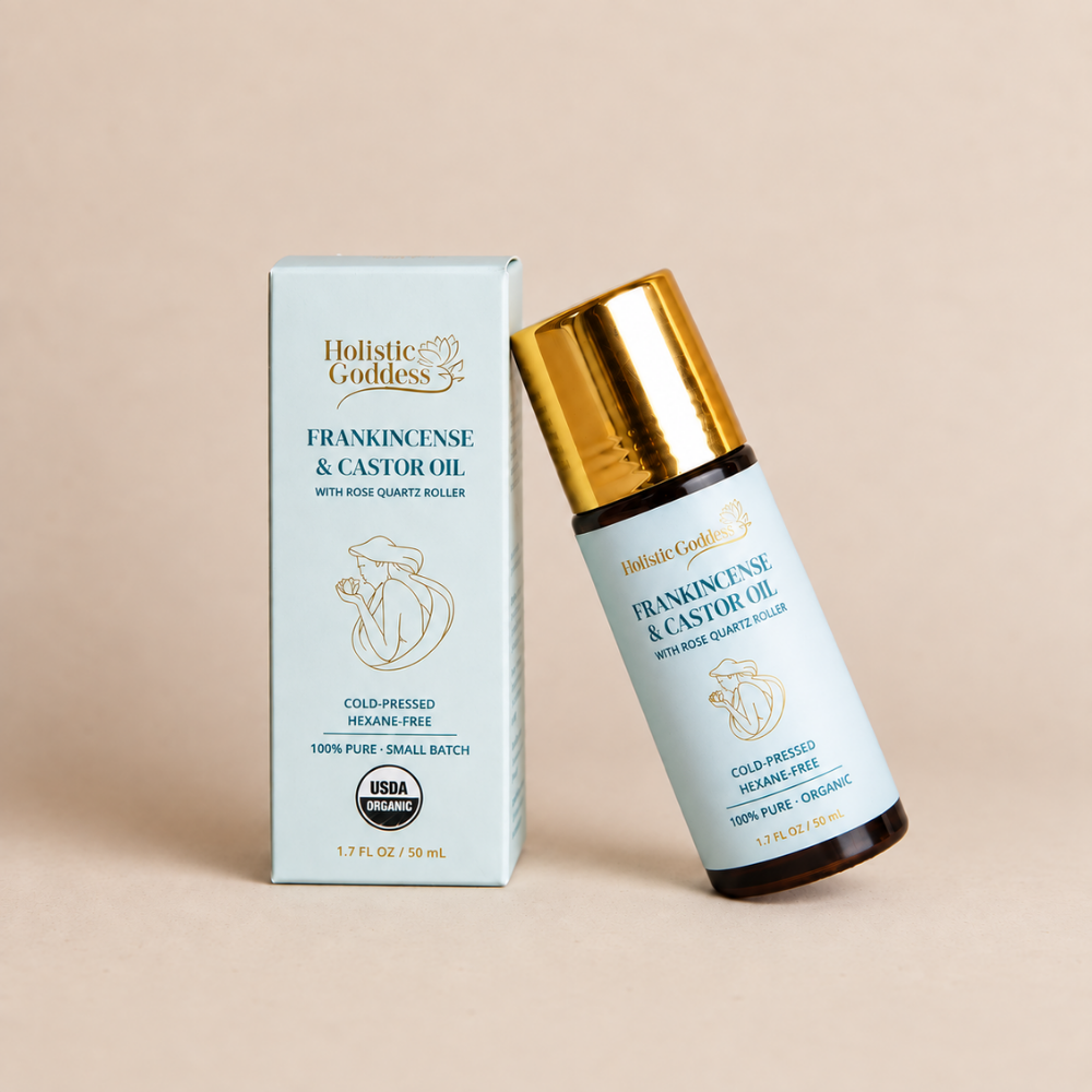 Holistic Goddess Organic Frankincense and Castor Oil Roll-on with Rose Quartz Roller