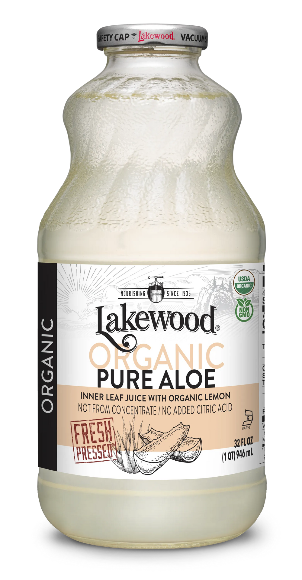 Lakewood Organic Pure Aloe Inner Fillet Juice 32 oz glass bottle