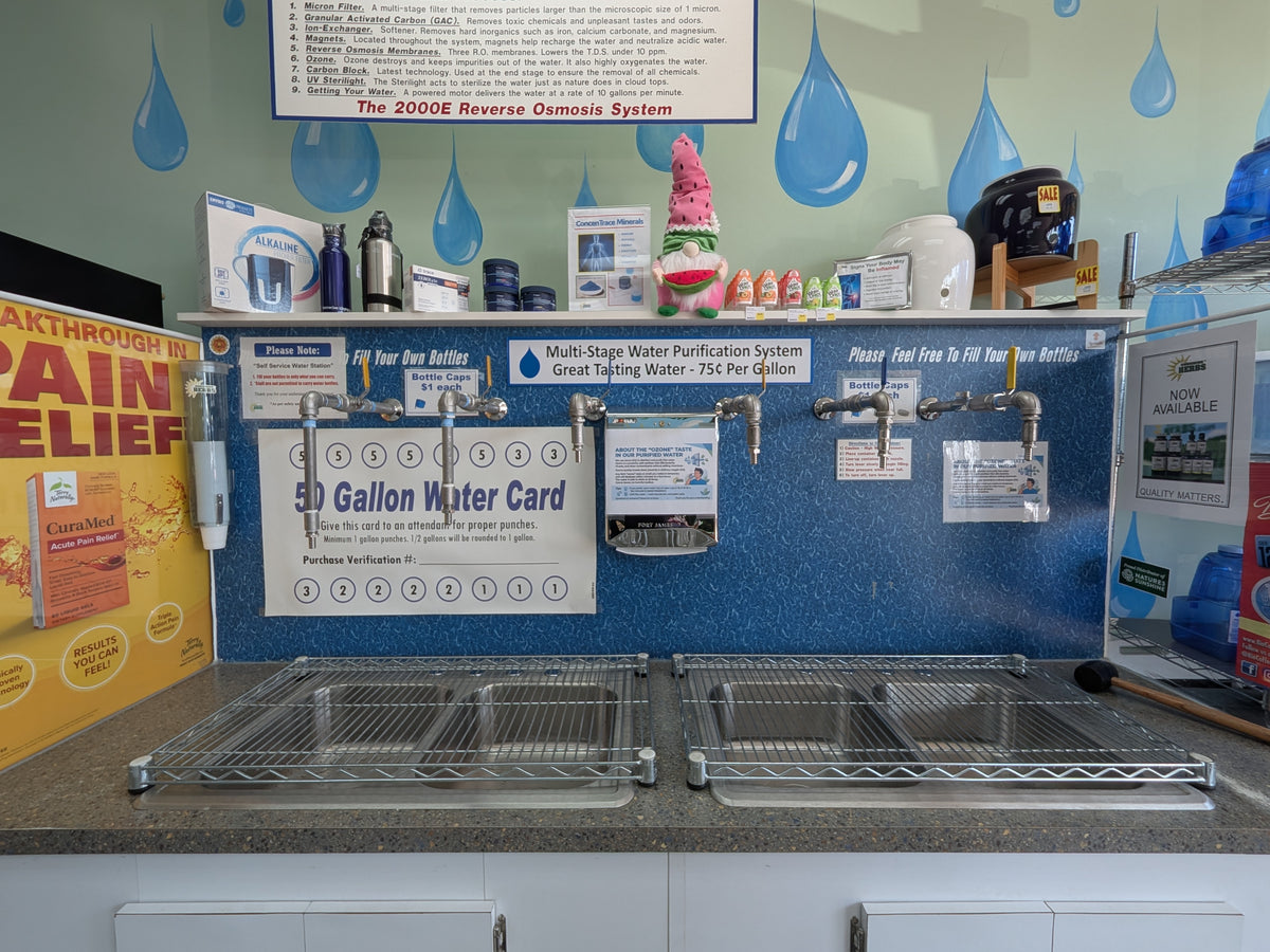 The self-service water station inside the store