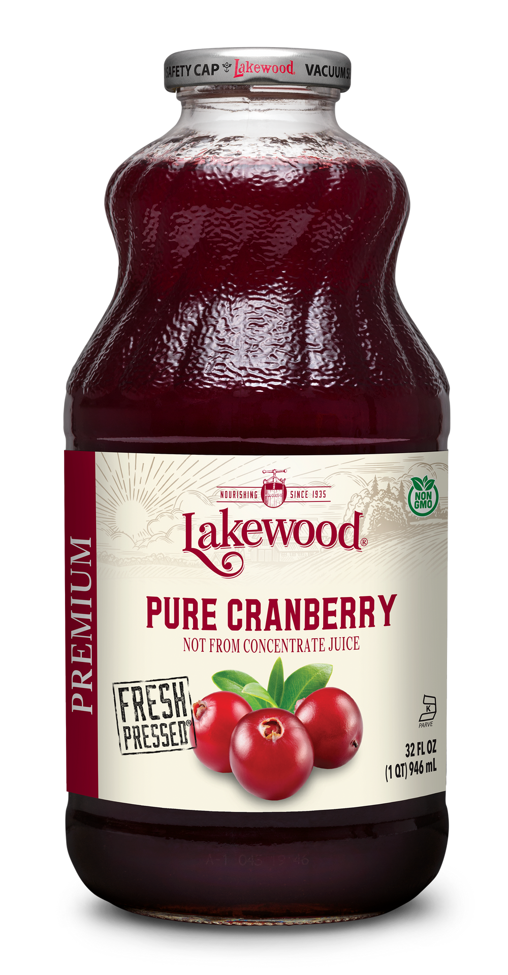 Lakewood Premium Pure Cranberry Juice 32 oz glass bottle