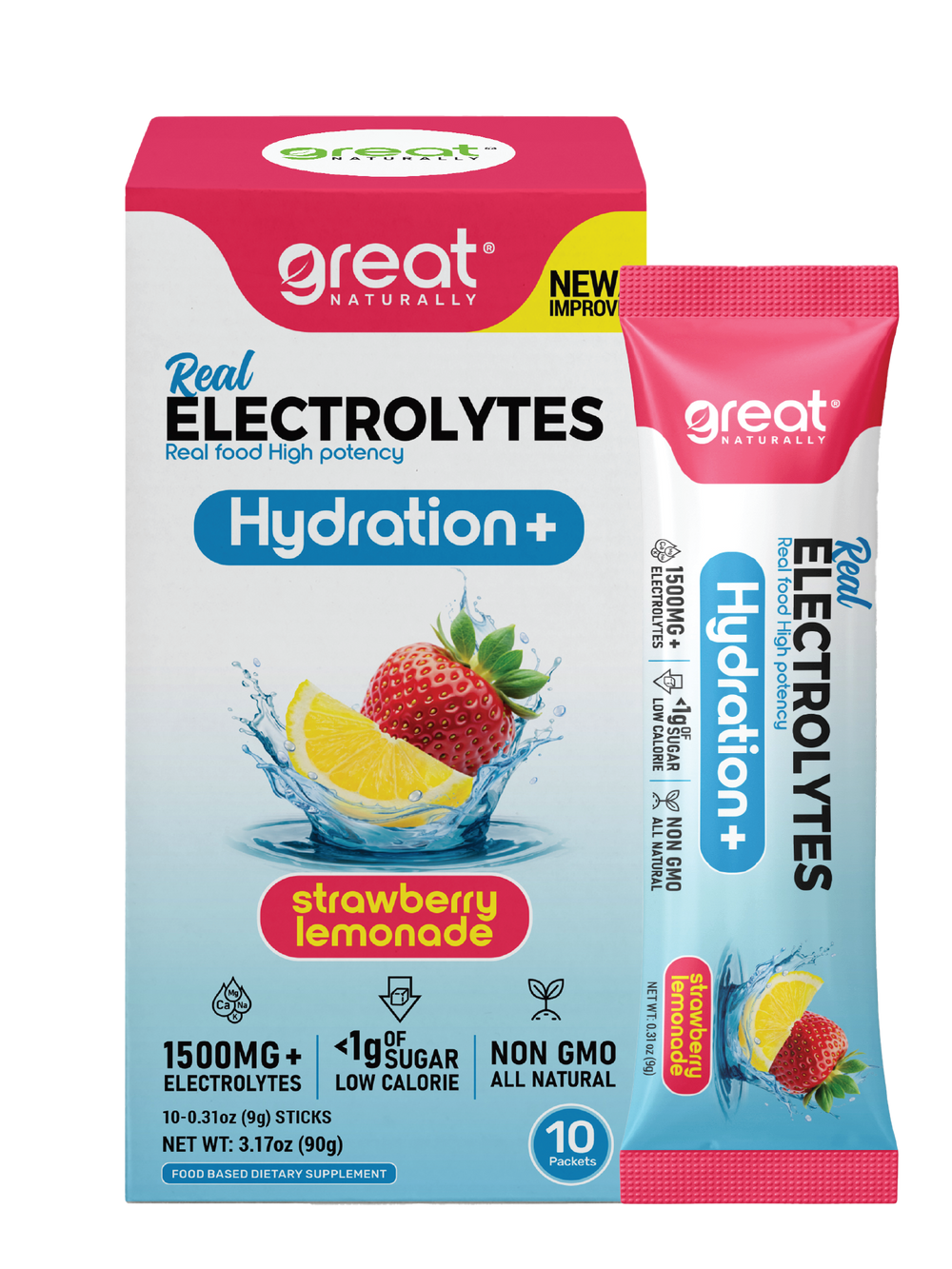 Great Naturally Real Electrolytes Hydration+ Strawberry Lemonade Packets 10 count